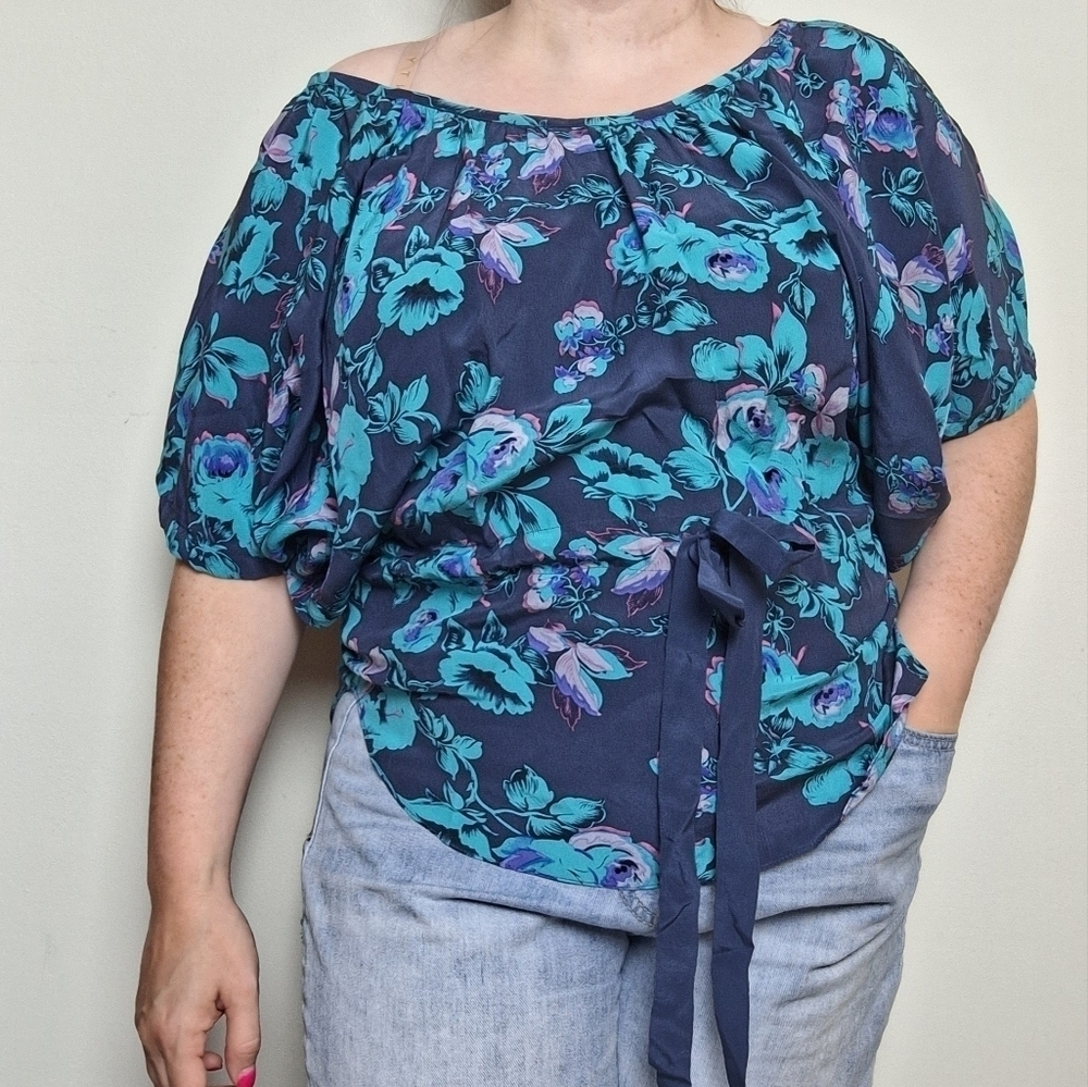 Rebecca Taylor Blue Roses Floral Silk Statement Sleeve Blouse with Tie Waist